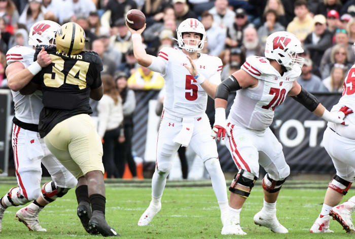 Wisconsin quarterback Graham Mertz throwing a crossing route against the Purdue Boilermakers (Credit: Robert Goddin-USA TODAY Sports)